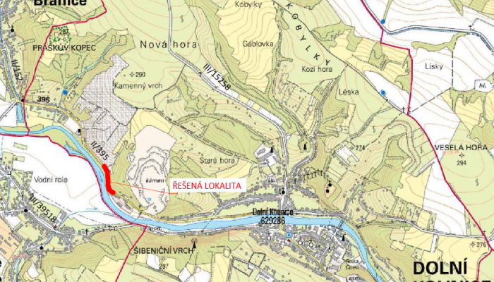 II/395 Dolní Kounice, opěrná zeď v km 29,497 - 29,704 + most 395-007