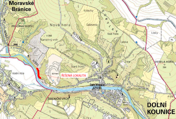 II/395 Dolní Kounice, opěrná zeď v km 29,497 - 29,704 + most 395-007