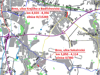 II/380 Brno, Sokolnická, III/15283 Krejčího a Bedřichovická